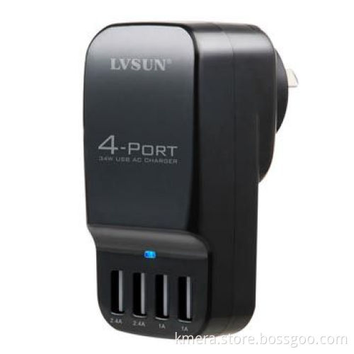 Portable Travel AC Charger with 4 Independent USB Port, EU/UK/US/AU Plug Power Adapter